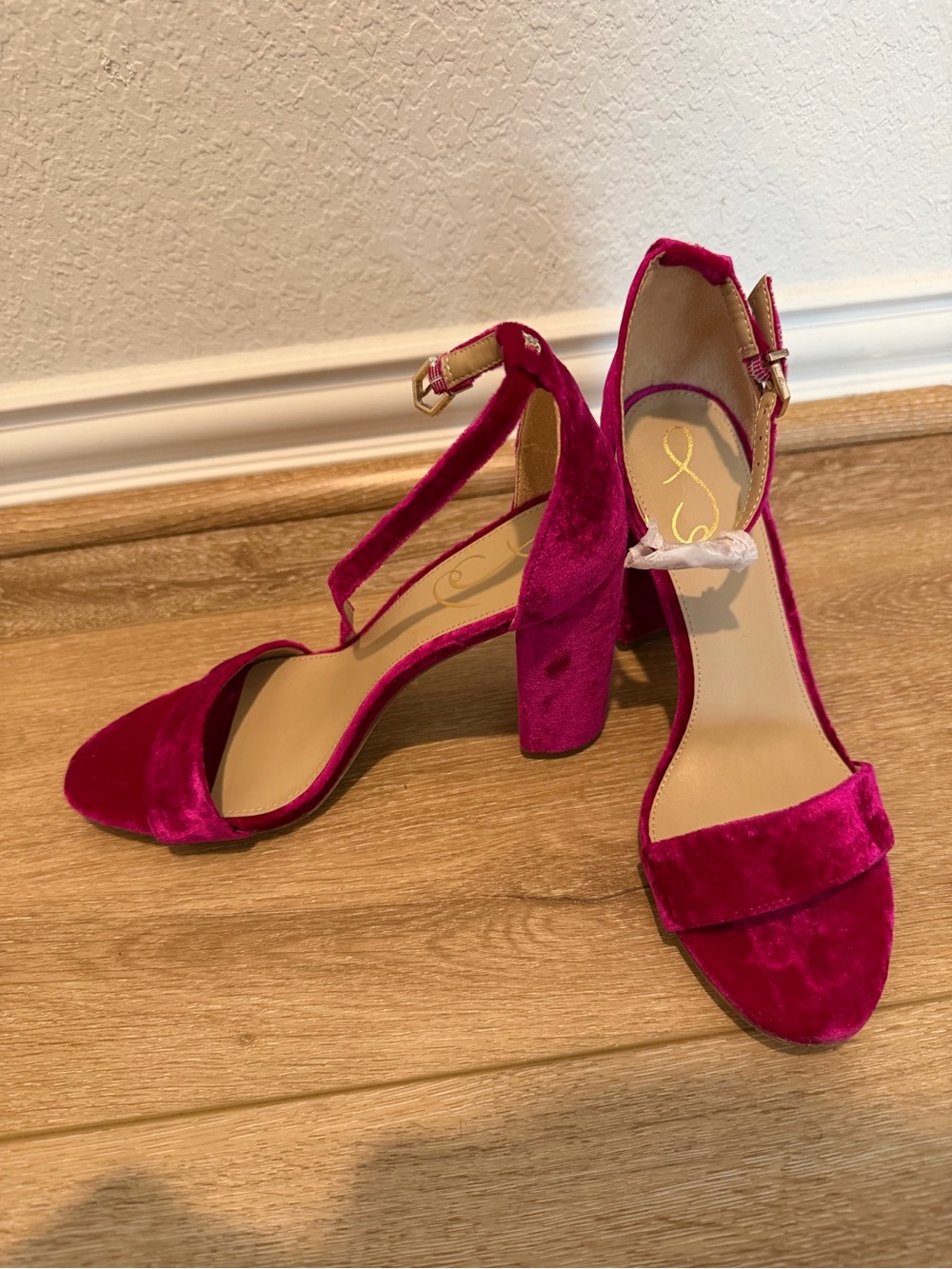 Sam Edelman Fuchsia Velvet Ankle-Strap Block Heels - Picture 3 of 5